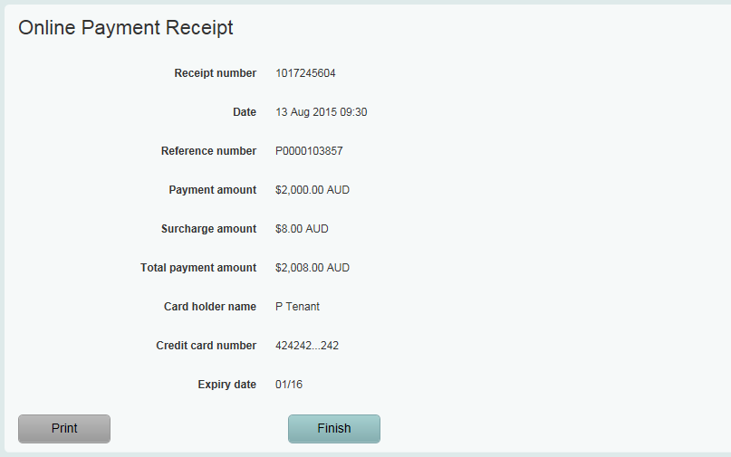screen shot of online payment receipt for tenant
